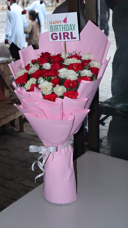 Red Rose & White Glad Bouquet (happy birthday girl)