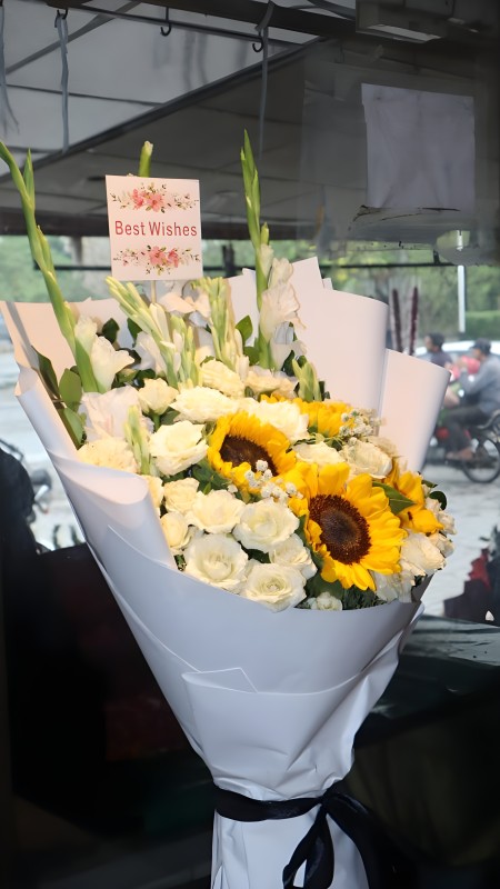 White Rose & Yellow Sun Flower Bouquet(Best Wishes)