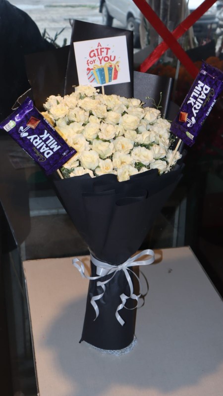 White Rose Bouquet with Chocolate (A Gift For You)