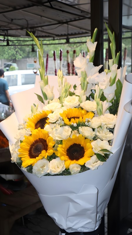 White Rose & Sunflower Bouquet